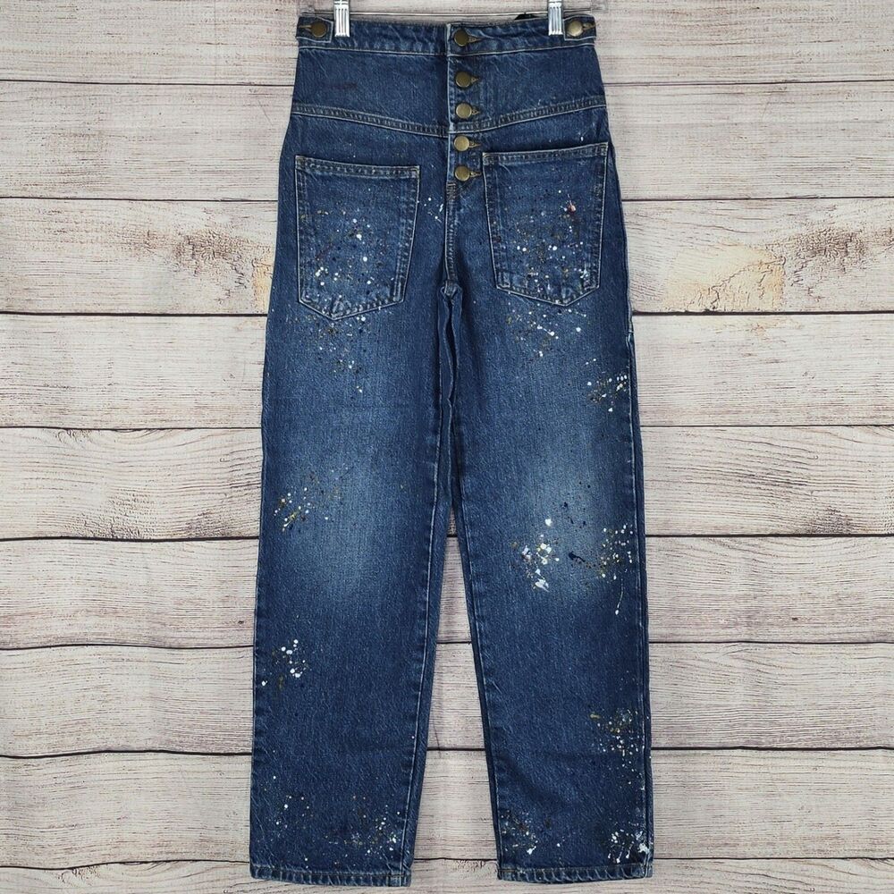 Zara Paint Splatter High Rise Cropped Painter Wide Leg Jeans Size 0 NWT - Picture 2 of 10